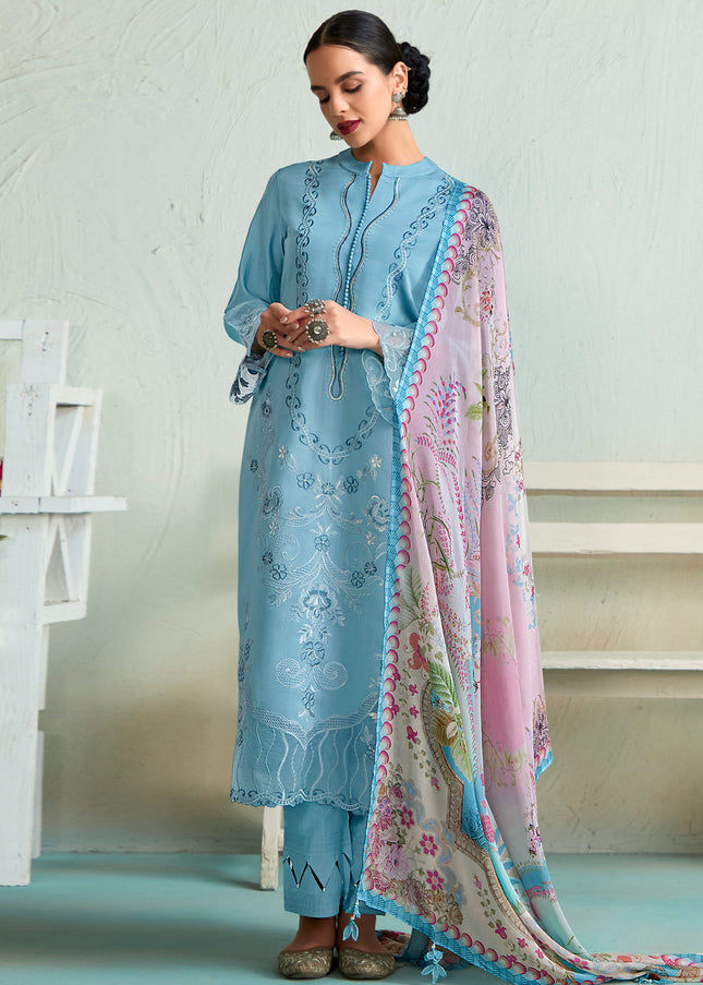 Blue Embroidered and Digital Printed Pant Style Suit