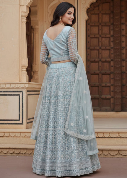 Sky Blue Embroidered Lehenga Choli