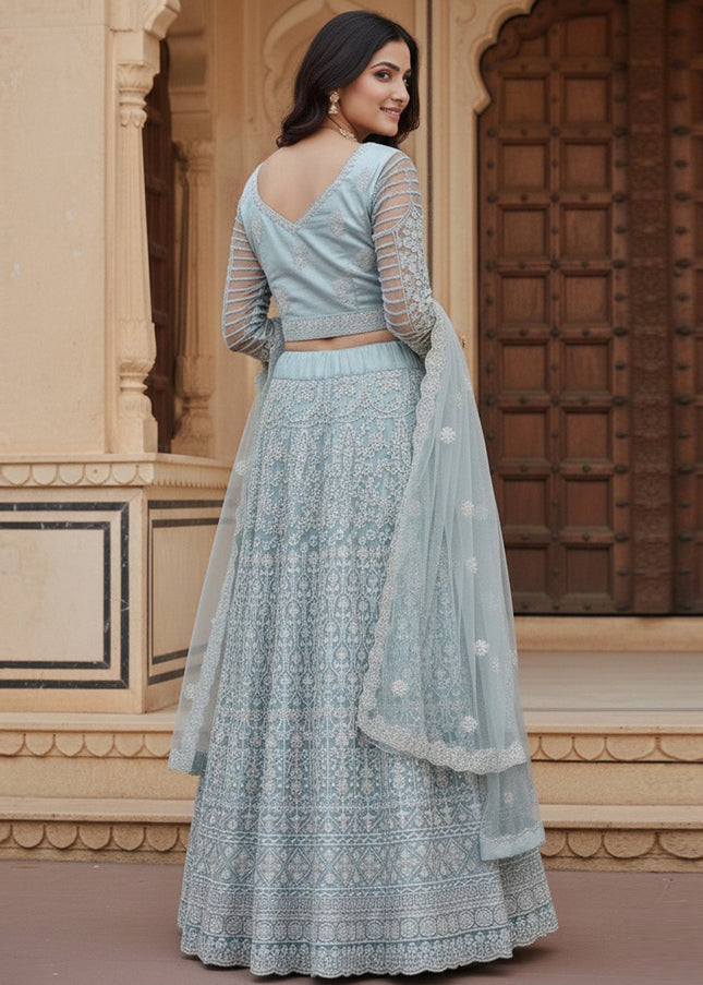 Sky Blue Embroidered Lehenga Choli