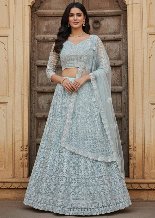 Sky Blue Embroidered Lehenga Choli