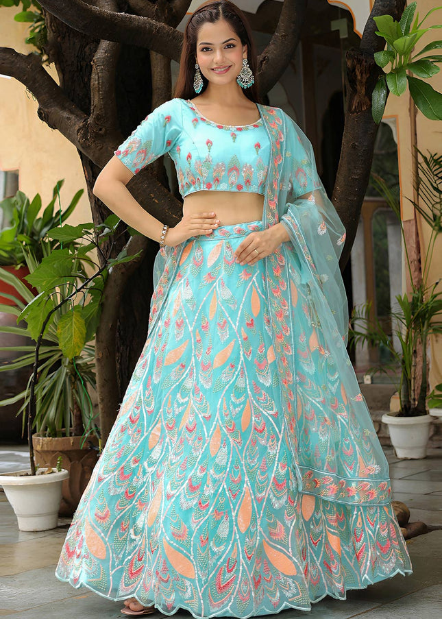 Sky Blue Embroidered Lehenga Choli