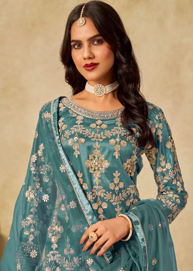 Teal Embroidered Sharara Suit