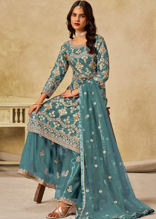 Teal Embroidered Sharara Suit