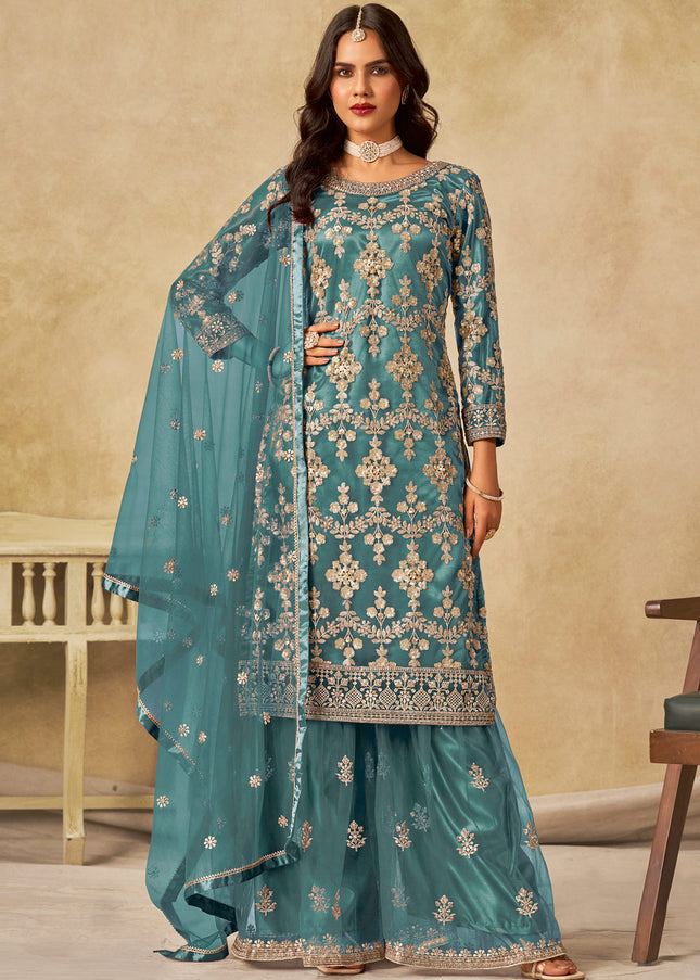 Teal Embroidered Sharara Suit