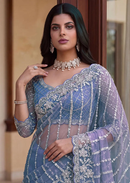 Sky Blue Embroidered Saree