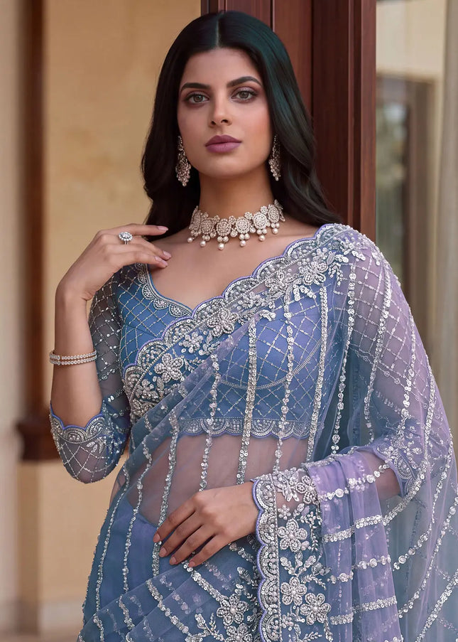 Sky Blue Embroidered Saree