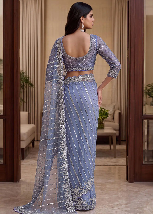 Sky Blue Embroidered Saree