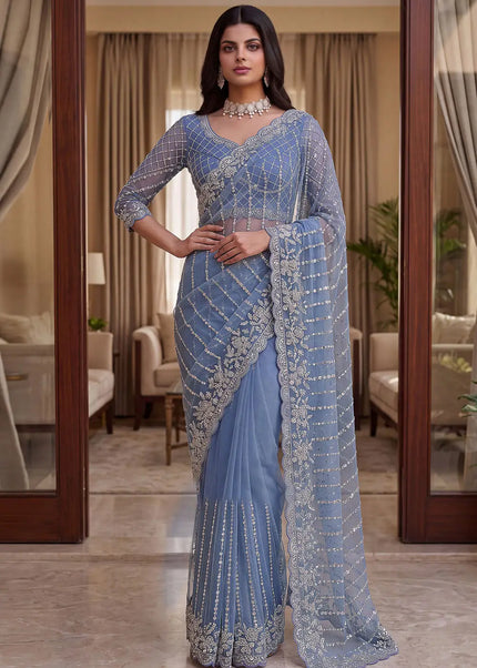 Sky Blue Embroidered Saree
