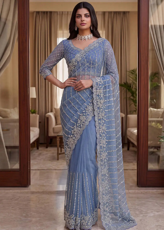 Sky Blue Embroidered Saree
