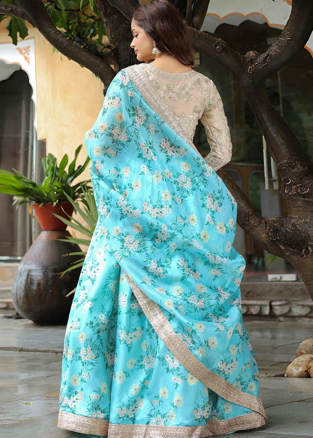 Beige and Sky Blue Embroidered Lehenga Choli