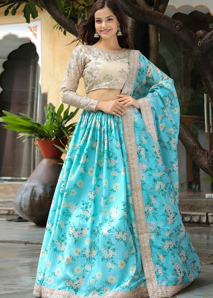 Beige and Sky Blue Embroidered Lehenga Choli