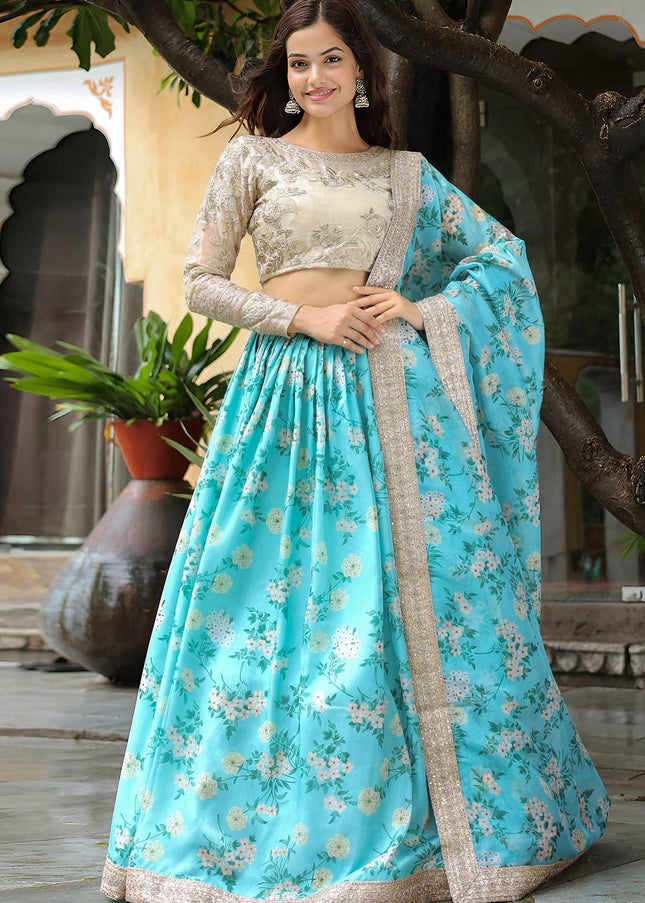 Beige and Sky Blue Embroidered Lehenga Choli