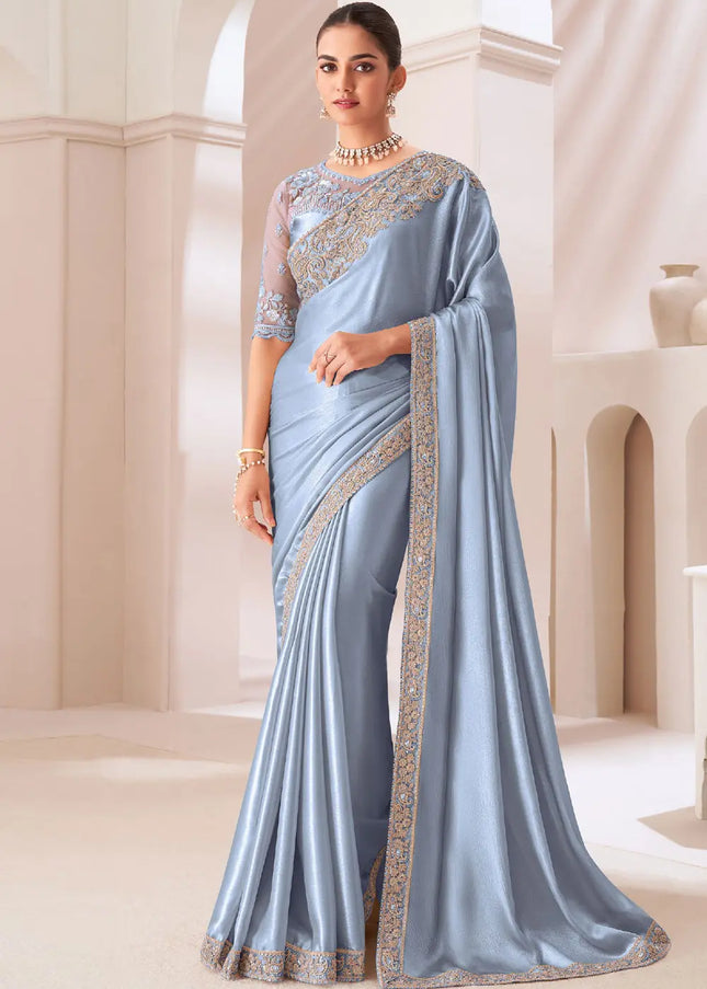 Metallic Blue Embroidered Saree