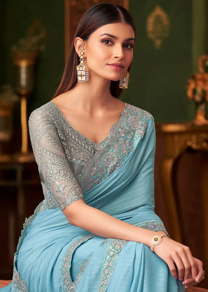Sky Blue and Grey Embroidered Saree