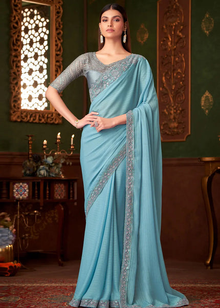 Sky Blue and Grey Embroidered Saree