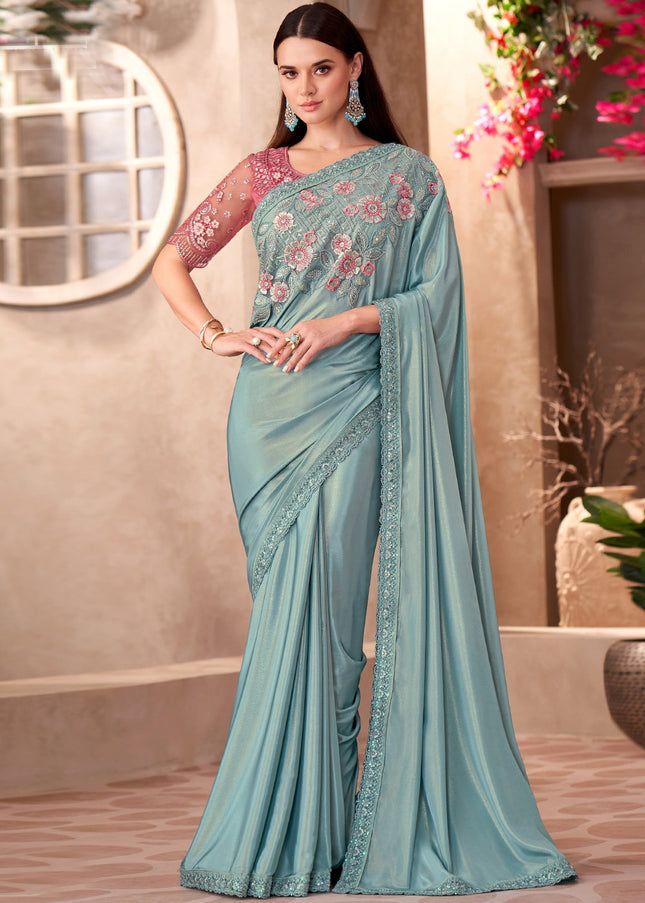 Sky Blue and Pink Embroidered Saree