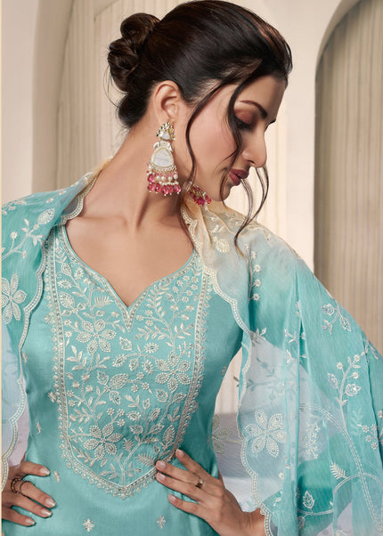 Sky Blue Embroidered Pant Style Suit