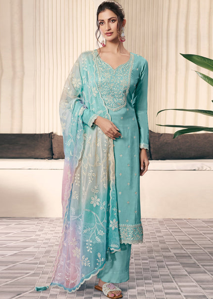 Sky Blue Embroidered Pant Style Suit