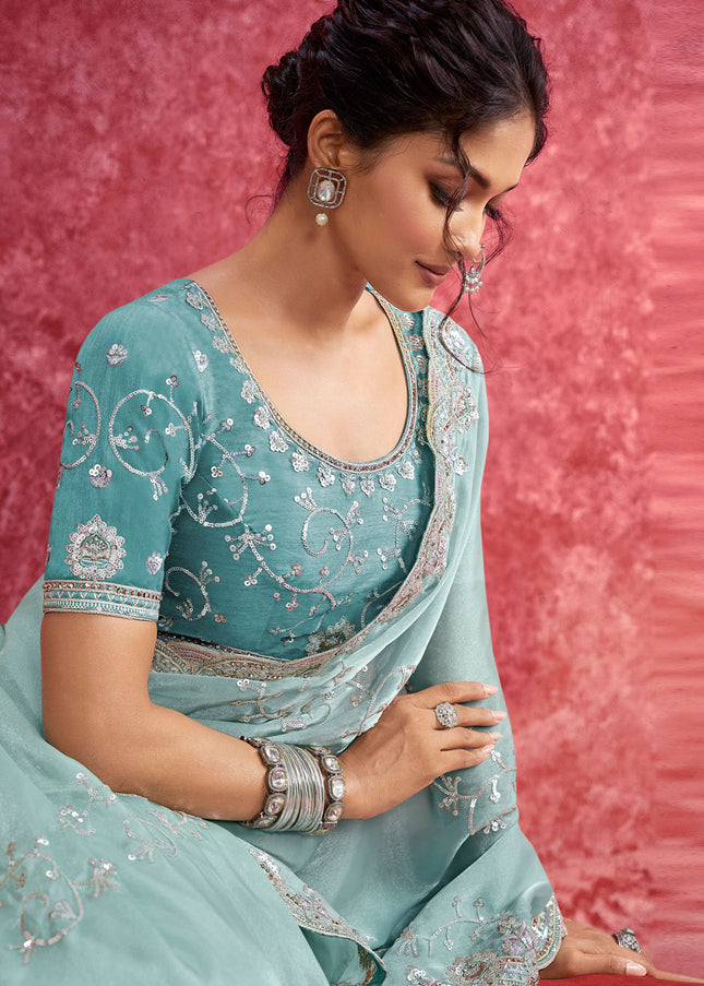 Sky Blue Embroidered Wedding Saree