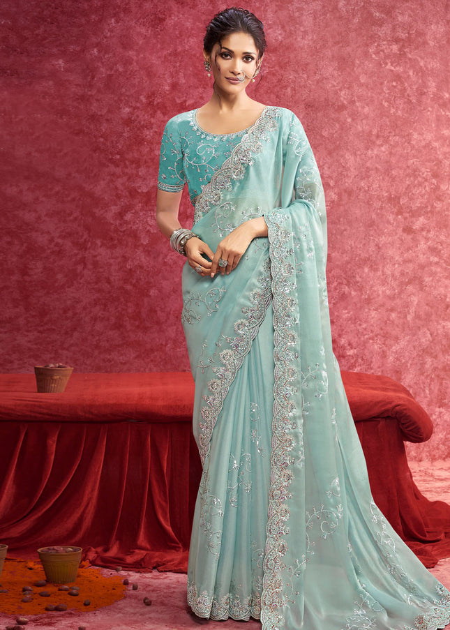 Sky Blue Embroidered Wedding Saree