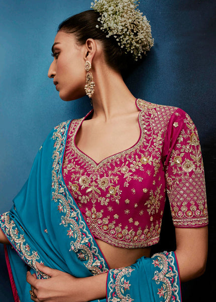 Sky Blue and Pink Embroidered Festive Saree