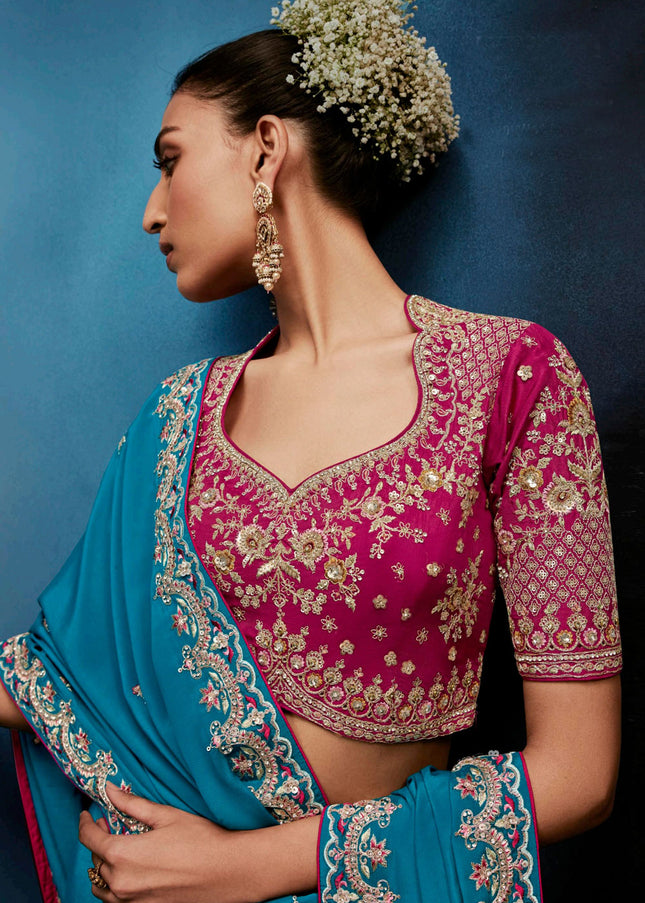 Sky Blue and Pink Embroidered Festive Saree