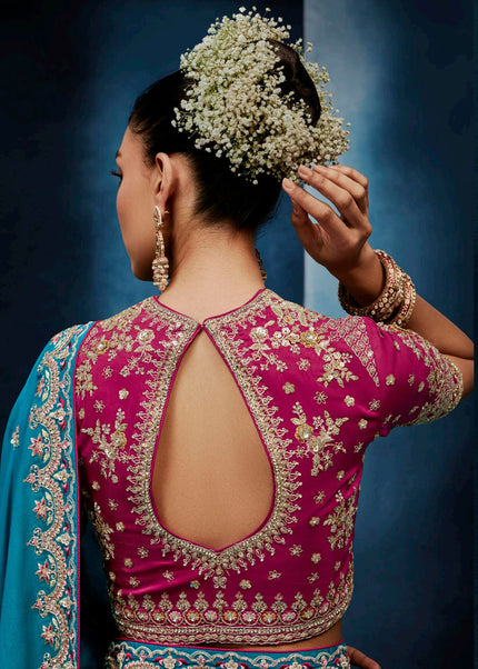 Sky Blue and Pink Embroidered Festive Saree