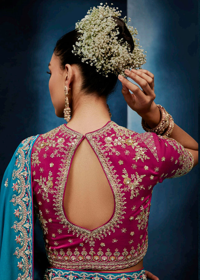 Sky Blue and Pink Embroidered Festive Saree
