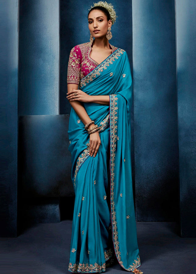 Sky Blue and Pink Embroidered Festive Saree