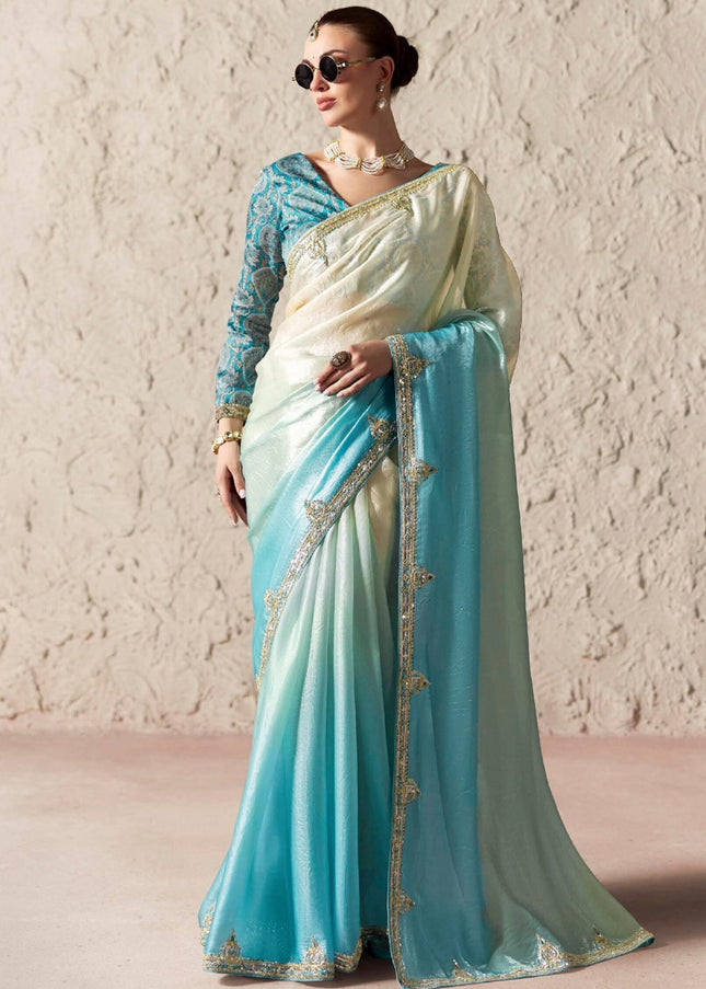 Sky Blue and Offwhite Printed and Embroidered Festive Saree