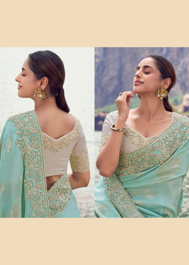 Sky Blue and Beige Embroidered Wedding Saree