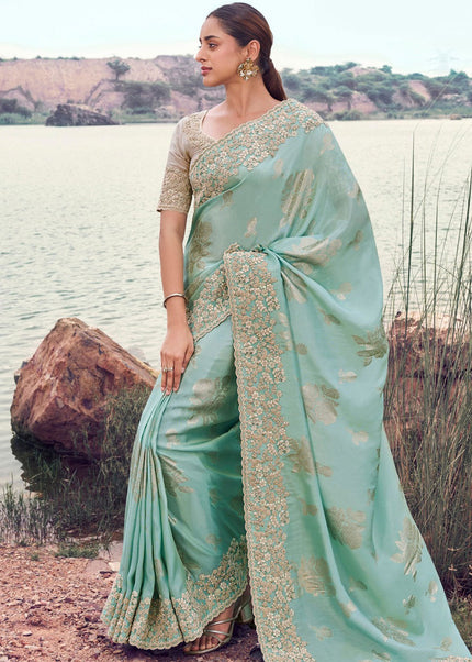 Sky Blue and Beige Embroidered Wedding Saree