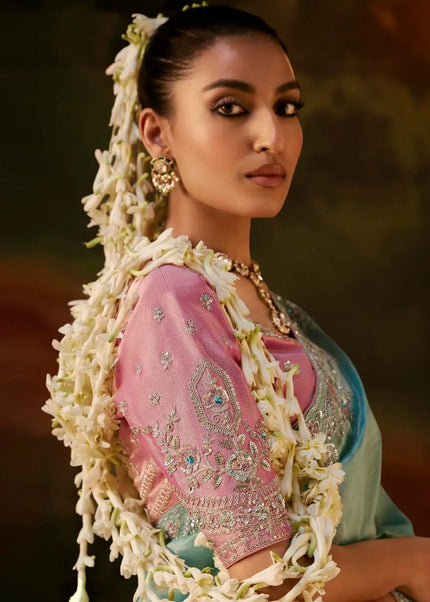 Sky Blue and Pink Embroidered Festive Saree