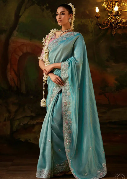 Sky Blue and Pink Embroidered Festive Saree