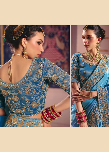 Sky Blue Embroidered Wedding Saree