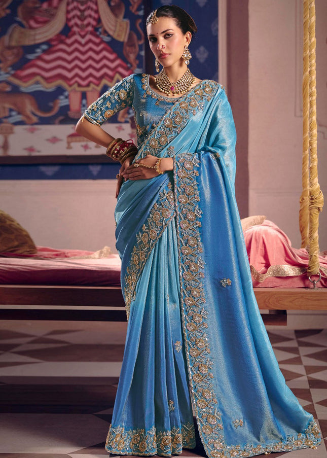 Sky Blue Embroidered Wedding Saree