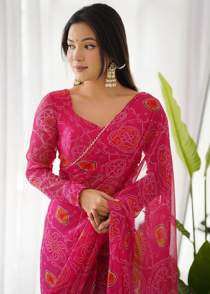 Pink Bandhej Chiffon Pre-Draped Saree