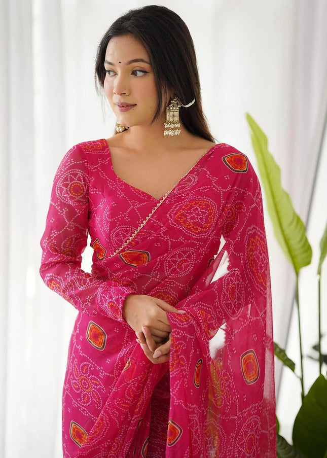 Pink Bandhej Chiffon Pre-Draped Saree