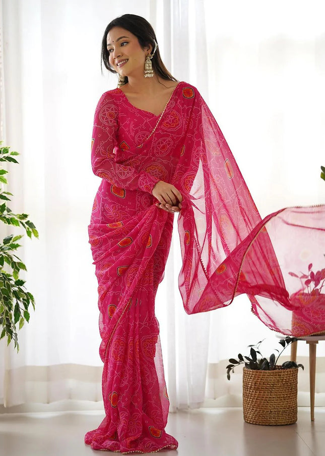 Pink Bandhej Chiffon Pre-Draped Saree