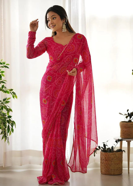 Pink Bandhej Chiffon Pre-Draped Saree