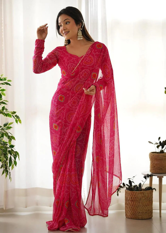 Pink Bandhej Chiffon Pre-Draped Saree