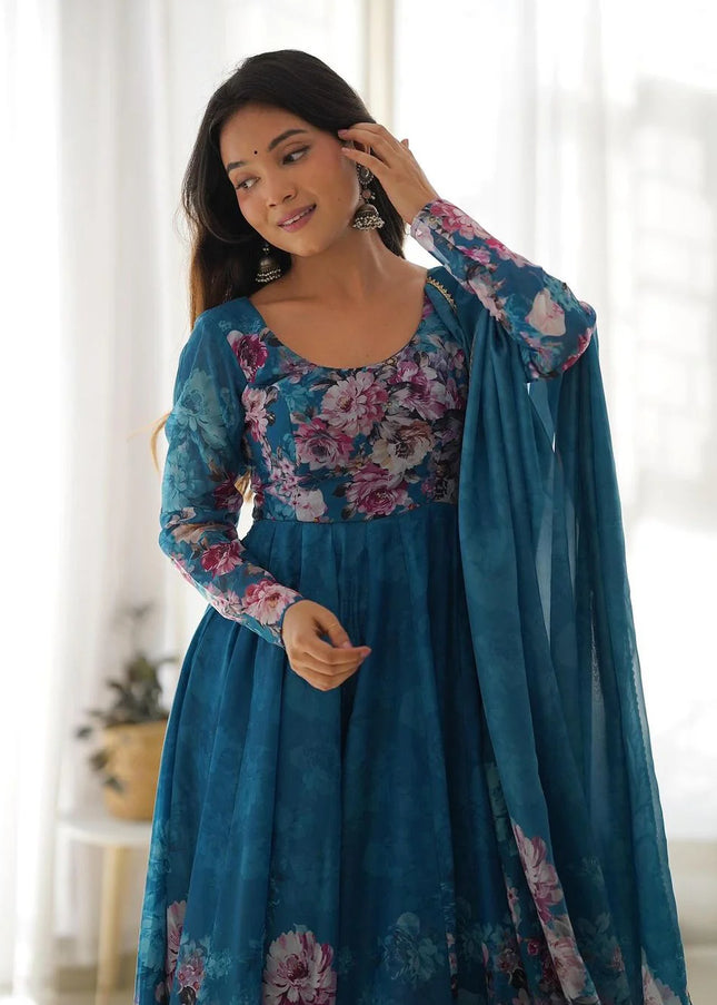 Blue Floral and Printed Anarkali Suit