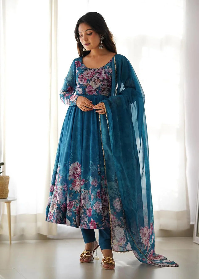 Blue Floral and Printed Anarkali Suit
