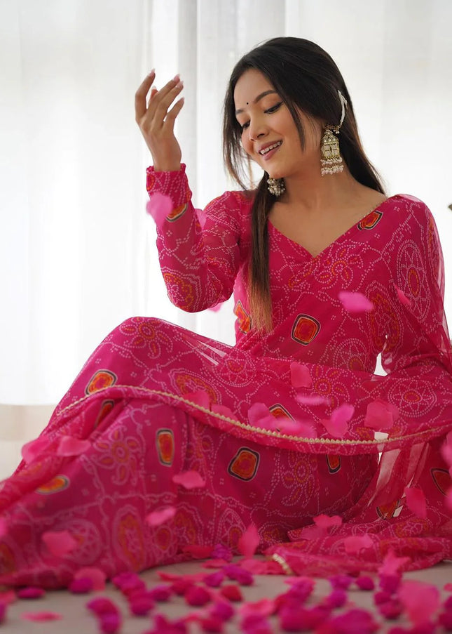 Pink Bandhej Chiffon Pre-Draped Saree