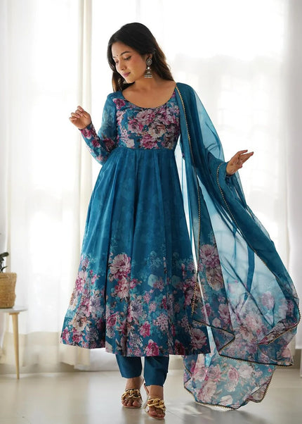 Blue Floral and Printed Anarkali Suit