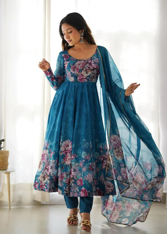 Blue Floral and Printed Anarkali Suit