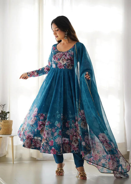 Blue Floral and Printed Anarkali Suit