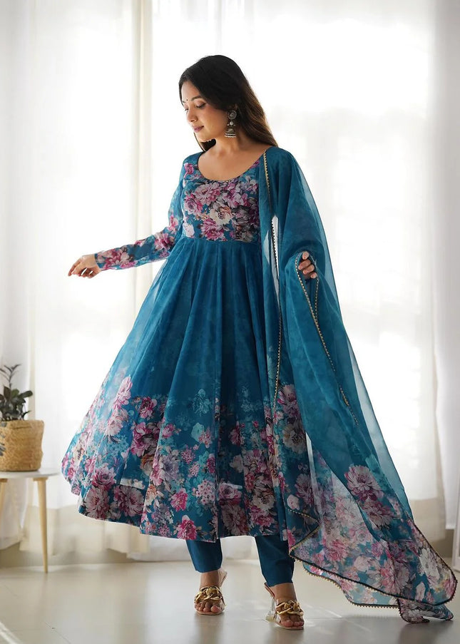 Blue Floral and Printed Anarkali Suit