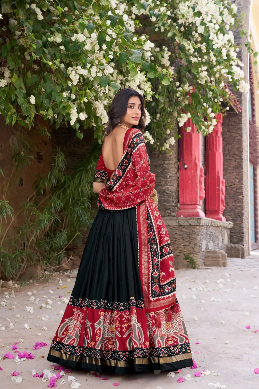 red and black indian dress Sabyasachi Inspired Black and Red readymade Anarkali Gown with Black / 36