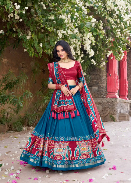 Red and Teal Embroidered Lehenga Choli